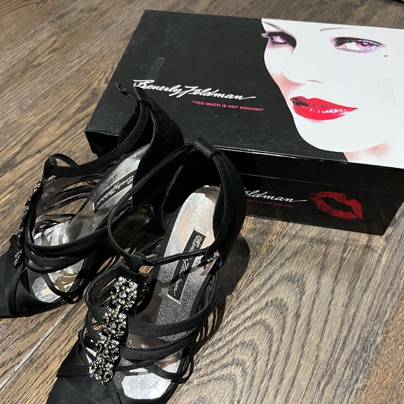 Beverly Feldman Evening or Wedding Shoes / Sandals, Black Satin, Size 9 - Picture 12 of 13